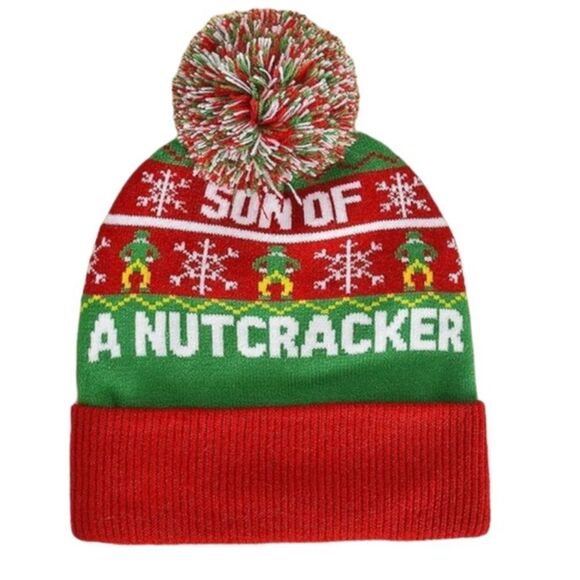 Concept One Son Of A Nutcracker Elf Beanie Hat Knit Cap With Pom Pom Red Green - Picture 1 of 6